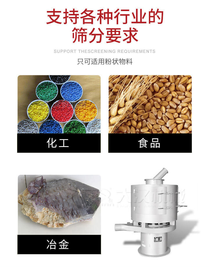氣流篩用于礦粉，石墨粉，活性納米碳酸鈣，鋁灰，大豆粉，碳酸重鈣，石墨粉，木粉，干草，重金石粉，藥粉末，橡膠顆粒，草酸鹽，干料粉，木粉，聚酯粉，干粉，塑料，金屬粉末，橡膠粉，粉煤灰，石墨粉，陶瓷粉，鋅粉，石英粉，石灰粉，鐵粉，金屬硅粉等。