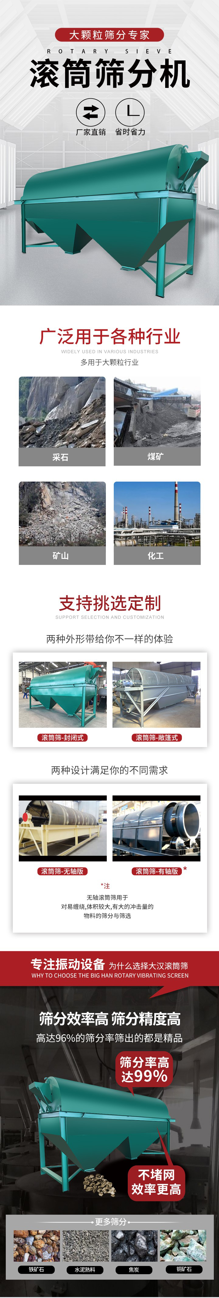 滾筒篩分機(jī)大顆粒篩分專家：廠家直銷，省時(shí)省力。滾筒篩被廣泛應(yīng)用各種行業(yè)：多用于大顆粒行業(yè)例如：采石，煤礦，礦山，化工等。滾筒篩定制類型有哪些：封閉式與敞篷式產(chǎn)品結(jié)構(gòu)分為：無軸式，有軸式兩種，無軸滾筒篩用于對(duì)纏繞，體積較大，有大的沖擊量的物料的篩分與篩選。滾筒篩篩分效率高篩分精度能夠達(dá)到：96%也比較適用于鐵礦石，水泥熟料，焦炭，銅礦石。滾筒篩特點(diǎn)：不飛粉末：密封隔離罩，密封性好，工作過程不會(huì)出現(xiàn)飛粉現(xiàn)象。外型尺寸是按筒體長計(jì)