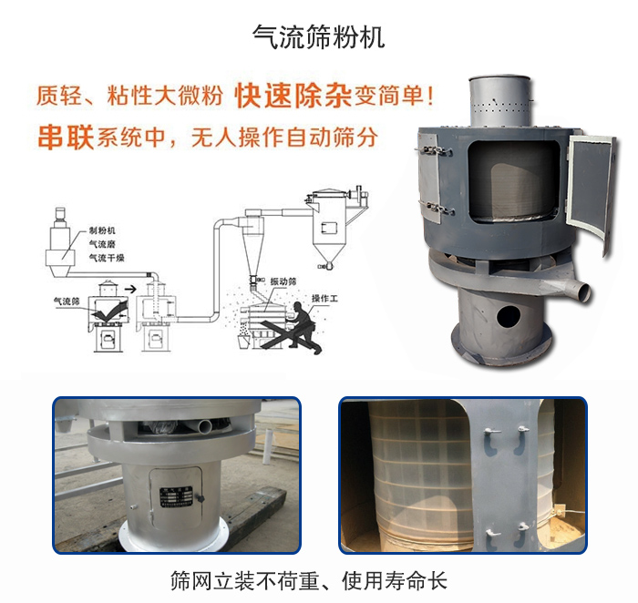 氣流篩粉機(jī)適用：質(zhì)輕，粘性大微粉采用串聯(lián)系統(tǒng)重，無人操作自動(dòng)篩分 特點(diǎn)：篩網(wǎng)立裝不負(fù)重，使用壽命長。
